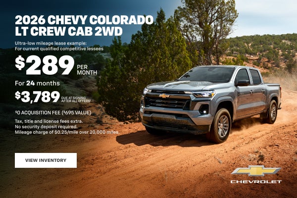 2026 Chevy Colorado LT Crew Cab 2WD. Ultra-low mileage lease example: For current qualified compe...